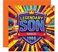 Biglietto di auguri per il 38° compleanno, per migliorare il divertimento del compleanno, vivace design con trofei e giochi per una vera leggenda, ideale per un fan dei giochi retrò, 145 mm, quadrato