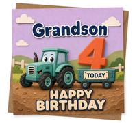 Biglietto di auguri per il 4° compleanno del nipote con motivo trattore e messaggio di buon compleanno
