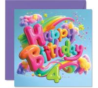Biglietto di auguri per il 4° compleanno, esplosioni di arcobaleno e | Cheery Clouds & Bold numero 4, colore divertente per un giorno speciale, quadrato 145 mm, busta inclusa