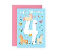 Biglietto di auguri per il 4° compleanno per bambine, grazioso motivo unicorno con fiori, biglietto per 4 anni, per figlia, nipote, figlioccia, bambini, auguri magici, fornito con adesivi