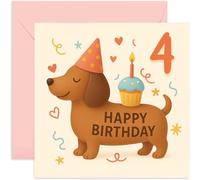 Biglietto di auguri per il 4° compleanno per bambini, con simpatico cucciolo di bassotto con disegno di cupcake, per figlia, figlio, nipote, sorella, fratello