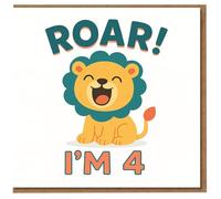 Biglietto di auguri per il 4° compleanno per bambini - Simpatico leone ruggito con messaggio "I'M 4", tema safari nella giungla, divertente biglietto di compleanno per bambini per ragazzo o ragazza