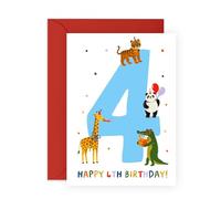 Biglietto di auguri per il 4° compleanno per ragazzi o ragazze, con simpatici animali, per il quarto compleanno, per figlio, figlia, nipote, nipote, lui, lei, bambini, età 4 anni, fornito con