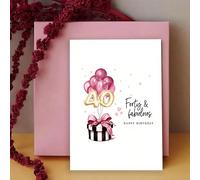 Biglietto di auguri per il 40° compleanno per lei - Elegante design con palloncini rosa e dorati con il testo "Quaranta e favolosa", regalo perfetto per mamma, sorella, zia, amica, celebrazione del 40
