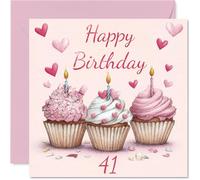 Biglietto di auguri per il 41° compleanno per donne e uomini, con cupcake rosa, biglietto di auguri per 41 anni, donna, uomo, collega, papà, figlia, zio, 145 mm