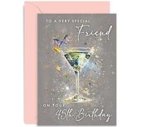 Biglietto di auguri per il 45° compleanno per un'amica, età 45 anni, regalo speciale per compleanno, design cocktail, regalo contemporaneo per lei, interno bianco