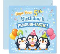 Biglietto di auguri per il 5° compleanno, con pinguini e palloncini che amano le feste, design colorato e divertente per un 5° compleanno di pinguini, sicuro di deliziare qualsiasi fan degli animali