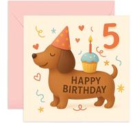 Biglietto di auguri per il 5° compleanno per bambini, con simpatico cucciolo di bassotto con disegno di cupcake, per figlia, figlio, nipote, sorella, fratello