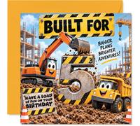 Biglietto di auguri per il 5° compleanno - Smiling Digger e camion | Cartone animato con strisce di sicurezza e un messaggio di buon compleanno, quadrato da 145 mm, busta inclusa