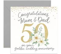 Biglietto di auguri per il 50° anniversario di matrimonio d'oro per genitori, per mamma e papà, design floreale bianco, interno bianco con busta