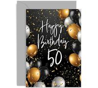 Biglietto di auguri per il 50° compleanno con busta per lui e lei, biglietto di compleanno con palloncini dorati e neri, per uomini e donne, biglietto speciale per 50 anni, per amici o familiari,