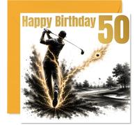 Biglietto di auguri per il 50° compleanno, con scritta "Swing into your 50s | Design audace a tema golf con sentieri di energia dorata, celebra la grande pietra miliare nello stile, quadrato 145 mm