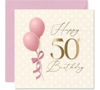 Biglietto di auguri per il 50° compleanno - Glitz and Giggles for the Big Five-oh - Eleganti palloncini rosa e oro con pois scintillanti - quadrato da 145 mm, busta inclusa