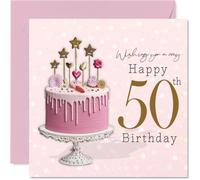 Biglietto di auguri per il 50° compleanno, per festeggiare con stile, elegante torta a goccia rosa con stelle dorate e cuori, un tocco di brillantezza per il loro grande 5-0 - quadrato da 145 mm
