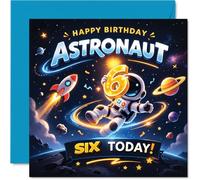 Biglietto di auguri per il 6° compleanno, con scritta "Blast off into Birthday", allegro astronauta e vivace design spaziale, perfetto per festeggiare un sesto stellare, quadrato da 145 mm, busta