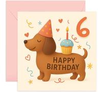 Biglietto di auguri per il 6° compleanno per bambini, con simpatico cucciolo di bassotto con disegno di cupcake, per 6 anni, figlia, figlio, nipote, sorella, fratello
