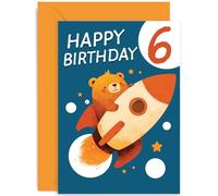 Biglietto di auguri per il 6° compleanno per ragazzo o ragazza, simpatico orso, razzo, luna e stelle, biglietto di auguri per sesto compleanno per bambini, figlio, figlia, nipote, nipote, biglietti di