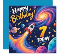 Biglietto di auguri per il 7° compleanno, con scritta "Blast off into | Razzo colorato e pianeti che ingrandiscono attraverso una galassia scintillante, quadrato da 145 mm, busta inclusa