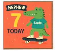Biglietto di auguri per il 7° compleanno del nipote - Simpatico coccodrillo con maglietta "Dude", Big 7 e "Today" su arancione