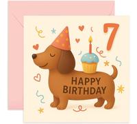 Biglietto di auguri per il 7° compleanno per bambini, con simpatico cucciolo di bassotto con disegno di cupcake, per figlia di 7 anni, nipote, sorella, fratello