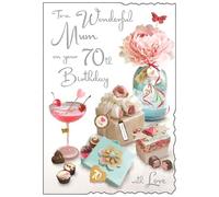 Biglietto di auguri per il 70° compleanno della mamma - Wonderful Mum - età 70 anni - finiture speciali e foglia illustrata - design artistico femminile - cocktail e cioccolatini - realizzato nel