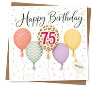Biglietto di auguri per il 75° compleanno per lei o lui, design colorato con palloncino con messaggio di buon compleanno e cartellino Hooray