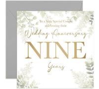 Biglietto di auguri per il 9° anniversario di matrimonio, per nove anni, regalo per una coppia speciale che festeggia il nono anniversario di matrimonio, design botanico con eucalipto