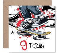 Biglietto di auguri per il 9° compleanno, con scritta "Catch Big Air on Your 9th Birthday", design audace skateboarder con vivaci colori rosso e giallo, 145 mm quadrato, busta inclusa