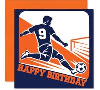 Biglietto di auguri per il 9° compleanno, con scritta "Kick off an Epic | Calciatore audace e numero 9 in blu navy e arancione, per il futuro gol segnatore, 145 mm quadrato, busta inclusa