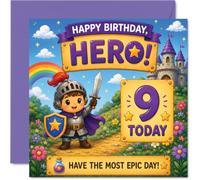Biglietto di auguri per il 9° compleanno, Epic Adventure Vibes, Cartoon | Castello e Arcobaleno, divertimento eroico per girare nove anni, quadrato 145 mm, busta inclusa