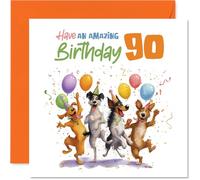 Biglietto di auguri per il 90° compleanno, con scritta in inglese "Let the Celebrations Go Barking Mad" con cani animati con palloncini e coriandoli, modo gioioso per celebrare un 90° compleanno