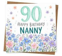 Biglietto di auguri per il 90° compleanno della bambinaia, design floreale ad acquerello, messaggio di buon compleanno per nonna, nonna, nonna o tata