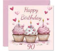 Biglietto di auguri per il 90° compleanno per uomini e donne, con cupcake rosa, biglietto di auguri per 90 anni, uomo, donna, papà, moglie, zio, zia, 145 mm
