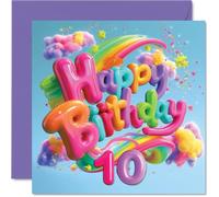 Biglietto di auguri per il decimo compleanno, "Brighten Their Big Day" | Lettere arcobaleno con stelle e coriandoli, design stravagante per la decima celebrazione, 145 mm quadrato, busta inclusa