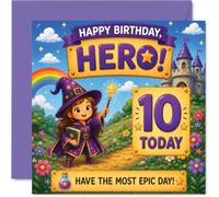 Biglietto di auguri per il decimo compleanno, con scritta "Girl Wizard | Castle & Rainbow Fantasy Scene, Magical Hero Vibes All Intorno, 145 mm Quadrato, Busta Inclusa
