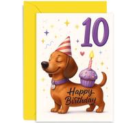 Biglietto di auguri per il decimo compleanno per ragazza o ragazzo, con scritta "Happy Birthday", design eccentrico con canino, per amico, sorella, fratello, cugino, nipote, famiglia, 10 oggi, interno