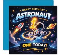 Biglietto di auguri per il primo compleanno, con scritta "Blast off to a Stellar First Birthday", allegro astronauta in una scena spaziale colorata, perfetto per i piccoli avventurieri, 145 mm