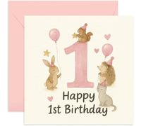 Biglietto di auguri per il primo compleanno per ragazze, con scritta "Happy First Birthday For Her - Pink Animals & Balloon Design - Nipote figlioccia nipote figlia figlia - Biglietto di auguri per 1