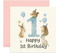 Biglietto di auguri per il primo compleanno per ragazzi, con scritta "Happy First Birthday For Him" (lingua italiana non garantita), motivo animali blu e palloncini, per figlio, nipote, figlioccio