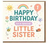 Biglietto di auguri per il primo compleanno per sorellina, grazioso design arcobaleno e sole con ape, farfalla e coccinella, buon compleanno per una sorella speciale
