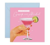 Biglietto di auguri per la notte delle ragazze, con scritta in lingua inglese "All We Need Is Gossip and Cocktails", motivo Martini rosa, biglietto divertente per migliore amica, sorella, collega, lei