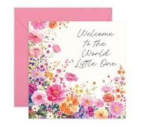Biglietto di auguri per l'arrivo di un bambino, con scritta in lingua inglese "Welcome to the World Little One", regalo per bambina, nipote, lei, biglietto di auguri per neo genitori o baby shower