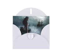 Biglietto di auguri per le vacanze con stampa di una ragazza sirena e vela sul mare con nave pirata orizzontale con fibbia d'amore in carta perlata con buste per amici e familiari