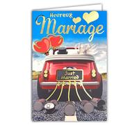 Biglietto di auguri per matrimonio con doratura oro dorato Just Married auto rossa, decappottabile, con palloncini a forma di cuore, buona strada, viaggi di nozze, fabbricato in Francia