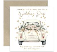 Biglietto di auguri per matrimonio, con scritta "Mr & Mrs", congratulazioni per il giorno del matrimonio, sposa e sposo, appena sposati, coppia speciale, auto vintage bianca