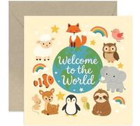 Biglietto di auguri per neonato, con scritta in lingua inglese "Welcome to the World", design con animali, nuovo nato, regalo per bambino o ragazza, interno bianco con busta