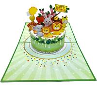 Biglietto Di Auguri Pop-Up 3D - Animali Sulla Torta - Compleanno Bambini - Bigli