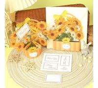 Biglietto di auguri pop-up con girasole con 4 etichette e busta | Carta a strati e petali trasparenti, 4 etichette intercambiabili, busta abbinata, messaggi di laurea e di ringraziamento