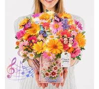 Biglietto di auguri pop up con musica e luci, bouquet di fiori 3D da donna | Include una busta e spazio per un messaggio personale, ideale per mamma, moglie, figlia o amica per compleanni e celebrazioni