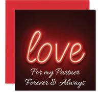 Biglietto di auguri romantico per il partner, con scritta in lingua inglese "Neon Script Says It All", con scritta "Love" con scritta "Forever & Always", per San Valentino, 145 mm, quadrato, busta